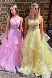 Spaghetti Straps A-Line V-Neck Ruffles Tulle Long Prom Dress