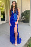 Spaghetti Straps Mirror-Cut Sequins Mermaid Long Prom Dress, Slit