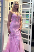 Pink Spaghetti Straps Lace Sleeveless Mermaid Long Prom Dress