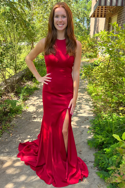 Scoop Neck Satin Pleated Sleeveless Formal Prom Dress with Train