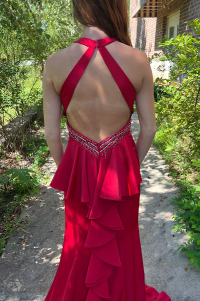 Scoop Neck Satin Pleated Sleeveless Formal Prom Dress with Train