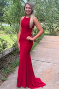 Red Satin Mermaid Jewel Neck Pleated Sleeveless Formal Prom Dress