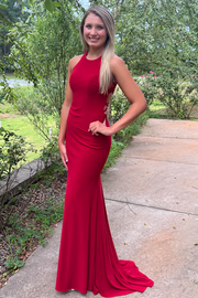 Scoop Neck Pleated Sleeveless Formal Prom Dress