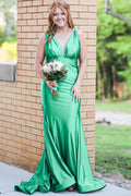 Deep V-Neck Sleeveless Pleated Green Satin Long Formal Prom Dress