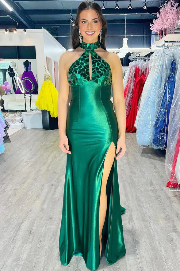 Green High Neck Mirror-Cut Sequins Mermaid Prom Dress, Slit