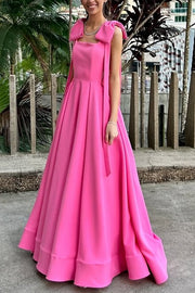 Pink Straps A-Line Satin Pleated Sleeveless Bows Long Dress