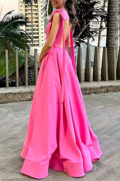 Pink Straps A-Line Satin Pleated Sleeveless Bows Long Dress