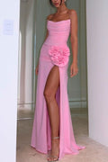 Pink Strapless Scoop Neck Pleated Flower Formal Prom Dress, Slit