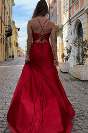 Spaghetti Straps V-Neck Satin Pleated Mermaid Formal Dress with Slit