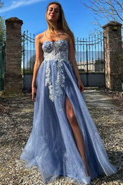 A-Line Strapless Lace Appliques Prom Dress with Slit
