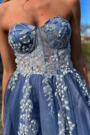 A-Line Strapless Lace Appliques Prom Dress with Slit