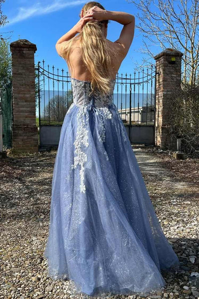 A-Line Strapless Lace Appliques Prom Dress with Slit