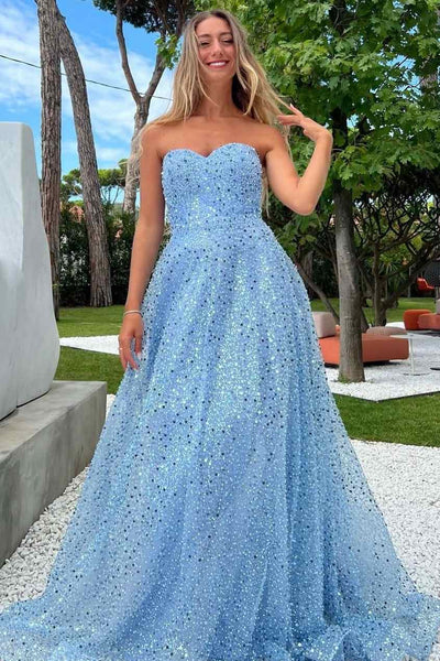 Sparkly A-Line Strapless Sweetheart Sequins Long Dress