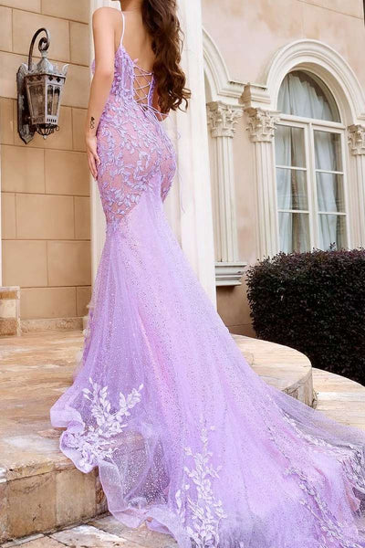 V-Neck Spaghetti Straps Lace Appliques Long Prom Dress