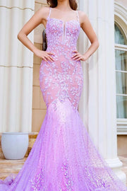 V-Neck Spaghetti Straps Lace Appliques Long Prom Dress