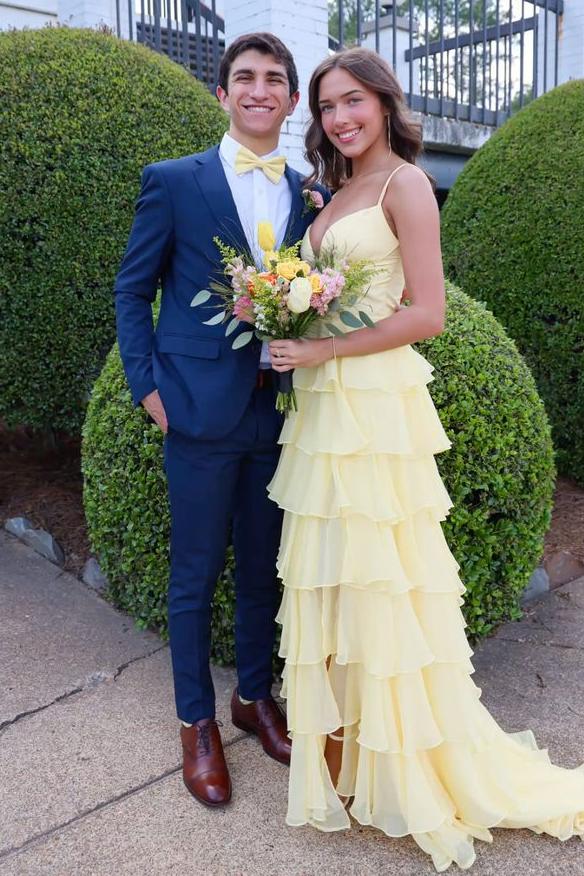 Spaghetti Straps V-Neck Tiered Chiffon Sleeveless Long Sweep Prom Dress
