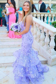 V-Neck Spaghetti Straps Appliques Mermaid Prom Dress Purple