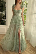 A-Line 3D Flowers Straps Lace Tulle Pleated Formal Prom Dress, Slit