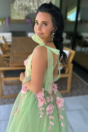 A-Line Straps Sleeveless Appliques Tulle Long Prom Dress