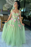A-Line Straps Sleeveless Flowers Green Tulle Long Formal Prom Dress