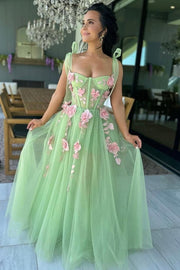 A-Line Straps Sleeveless Appliques Tulle Long Prom Dress
