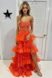 Strapless A-Line Sweetheart Layered Appliques Prom Dress with Slit