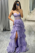 A-Line Strapless Sweetheart Lilac Lace Tulle Layered Prom Dress, Slit