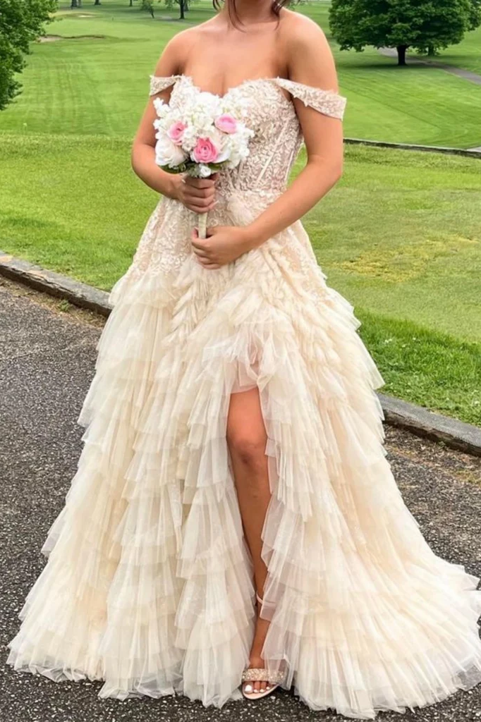 Off-Shoulder Sweetheart Lace Ruffles Tulle Tiered Prom Dress, Slit