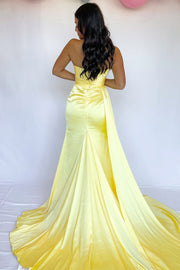 Strapless Pleated Satin Sleeveless Formal Prom Dress with Slit