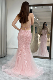 Spaghetti Straps Lace Appliques V-Neck Long Prom Dress