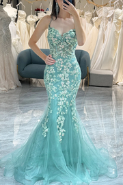 Spaghetti Straps Lace Appliques V-Neck Long Prom Dress