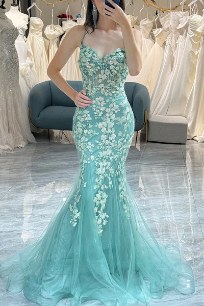 Spaghetti Straps Lace Appliques V-Neck Long Prom Dress