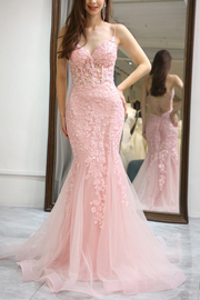 Spaghetti Straps Lace Appliques V-Neck Long Prom Dress