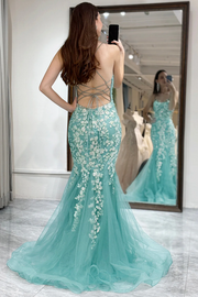 Spaghetti Straps Lace Appliques V-Neck Long Prom Dress