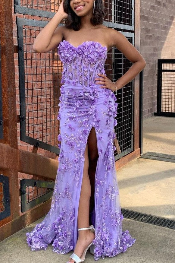 floral strapless prom dress Floral Strapless Sweetheart 3D Appliques Mermaid Prom Dress, Slit