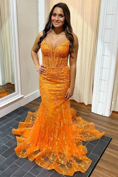 V-Neck Lace Appliques Mermaid Long Prom Dress