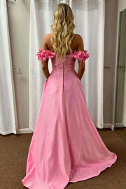 Pink A-Line Off-Shoulder Empire-Waist Pleated Satin Formal Prom Dress