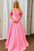 Vestido formal de graduación rosa de satén, corte en A, hombros descubiertos, cintura imperio y plisados