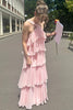 Rosa langes ärmelloses Chiffon-A-Linienkleid mit Stufenrock für den formellen Abschlussball