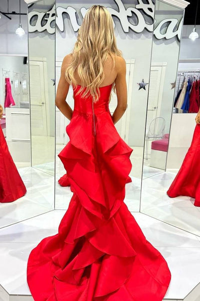 Strapless Satin Ruffles Train Mermaid Sleeveless Prom Dress