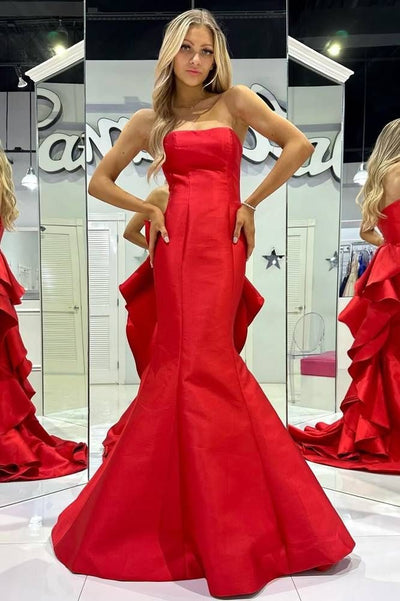 Strapless Satin Ruffles Train Mermaid Sleeveless Prom Dress
