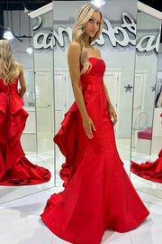 Strapless Satin Ruffles Train Mermaid Sleeveless Prom Dress