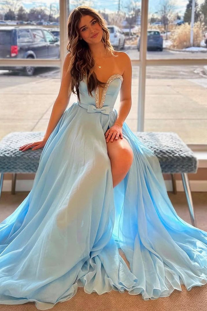 Blue Strapless A-Line Plunging Beads Chiffon Empire-Waist Prom Dress, Slit
