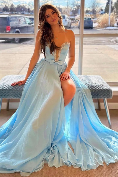 Blue Strapless A-Line V-Neck Beads Chiffon Empire-Waist Prom Dress with Slit