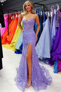 Spaghetti Straps Sweetheart Lace Appliques Mermaid Prom Dress, Slit