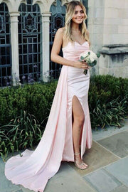 Pink Strapless Sweetheart Pleated Satin Formal Prom Dress with Train