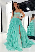 A-Line Strapless Beaded Tiered Ruffle Chiffon Prom Party Dress, Slit