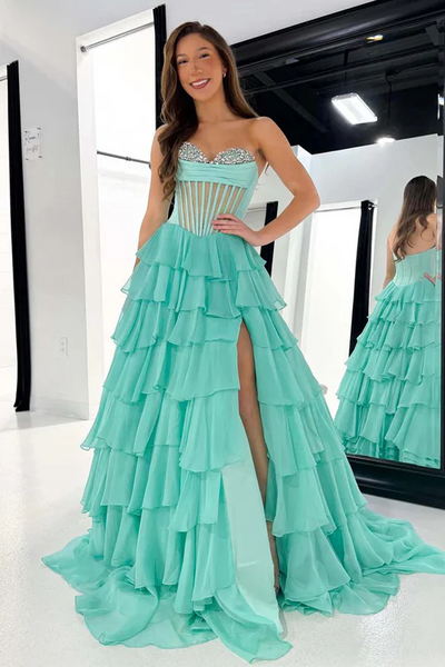 A-Line Strapless Beads V-Neck Tiered Chiffon Sleeveless Prom Dress with Slit