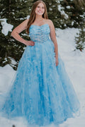A-Line Blue Printing Strapless Sweetheart Ruffles Long Prom Dress