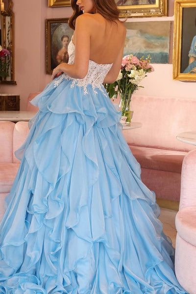 Strapless A-Line Ruffles Scoop Top Lace Empire-Waist Long Prom Dress